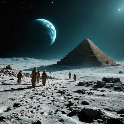 The primary subject of the image is a group of people walking on the moon. The setting is a barren, rocky landscape with a large pyramid in the background. The visual style is a combination of photo and digital art, creating a surreal and dramatic atmosphere. The colors are predominantly grays and blacks, with the moon's surface being the most prominent color. The mood of the image is one of awe and wonder, as the people explore the moon's surface and encounter the ancient pyramid.